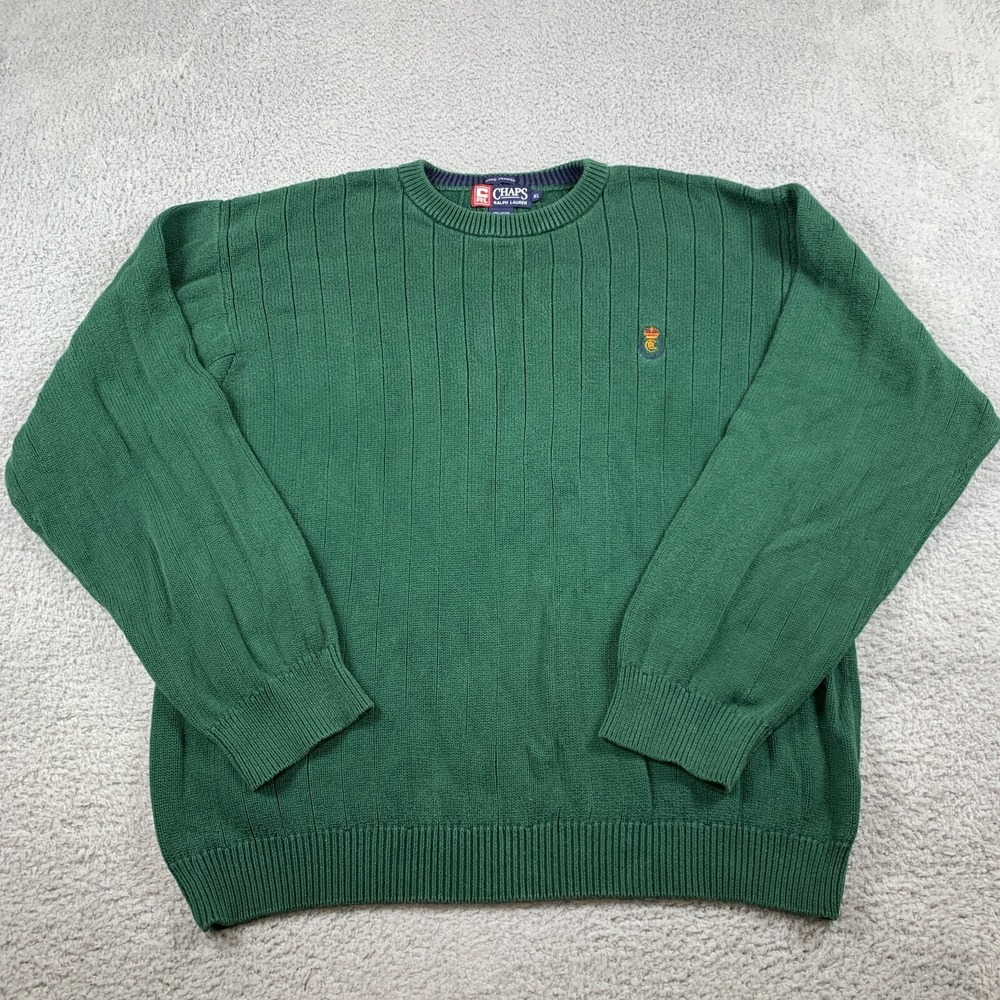 Chaps Ralph Lauren Vintage Crewneck Sweater Mens XL Green Ribbed Crest Logo 90s